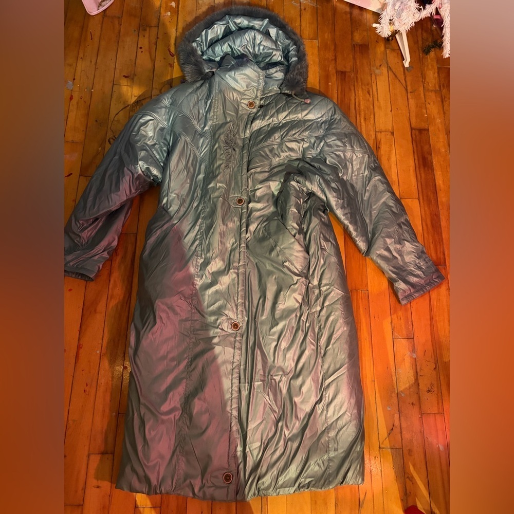 Vintage‎ nuage green metallic genuine fur trim embroidered maxi puffer coat